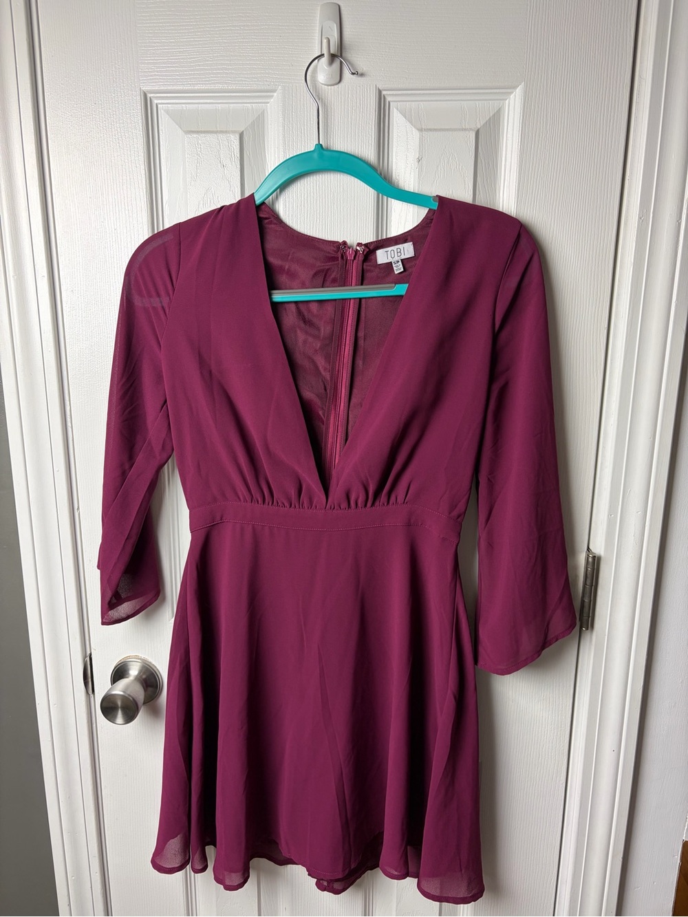 Tobi Deep Plum Long Sleeve V-Neck Skater Dress